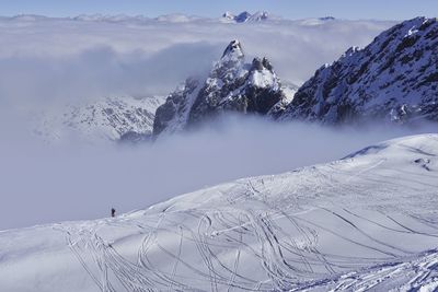 Scenic view of snow covered mountains against sky