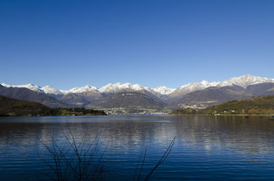 Scenic view of lake and snowcapped mountains against clear blue sky