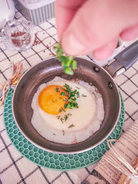 High angle view of breakfast served in plate