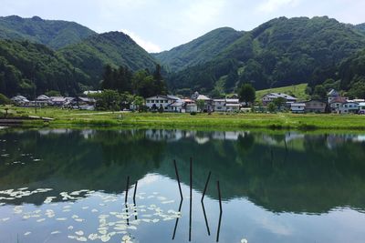 Scenic view of lake and mountains against sky