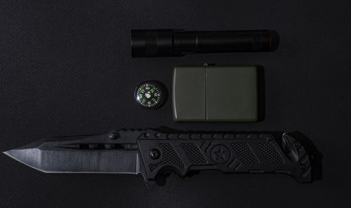 High angle view of camera on table