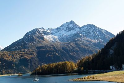 Scenic view of snowcapped mountains against clear sky