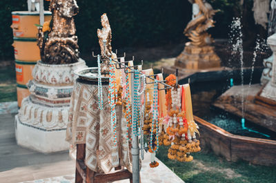 High angle view of garland hanging outdoors