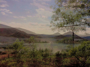 Scenic view of lake against cloudy sky