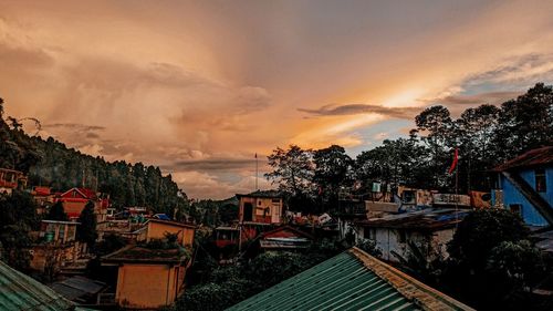 High angle view of townscape against sky during sunset