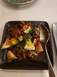 High angle view of food in plate on table