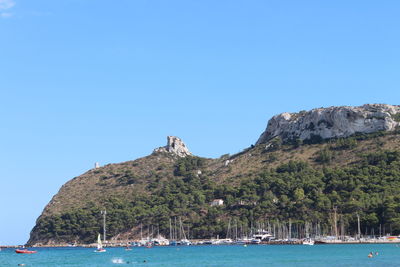 Scenic view of sea against clear blue sky