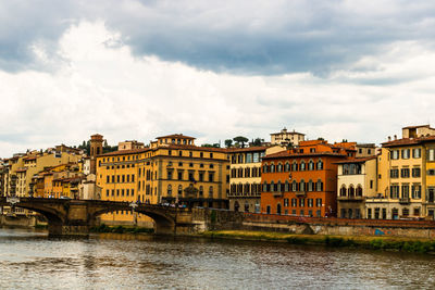 Buildings by river against sky in city