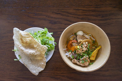 High angle view of food served on table