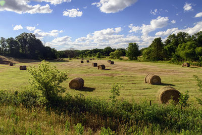 Hay bales on field against sky