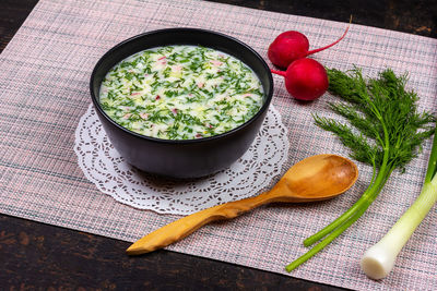 High angle view of vegetables in bowl on table