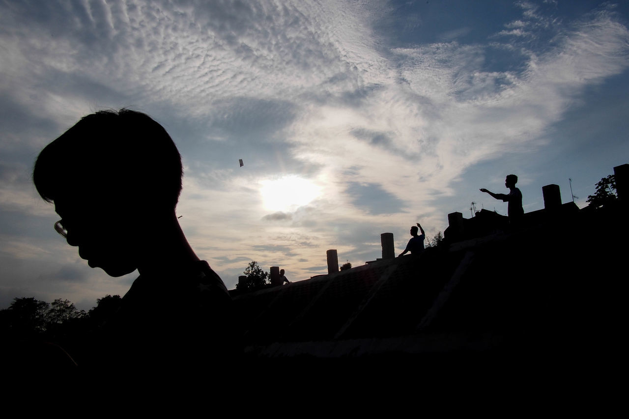 silhouette, sky, real people, cloud - sky, outdoors, men, adults only, people, day, togetherness, only men, adult, astronomy