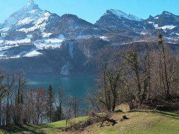 Scenic view of lake by mountains against sky