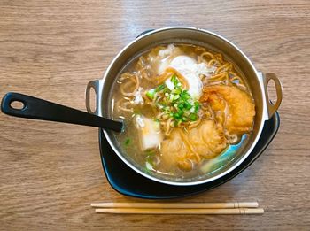 High angle view of soup in bowl on table