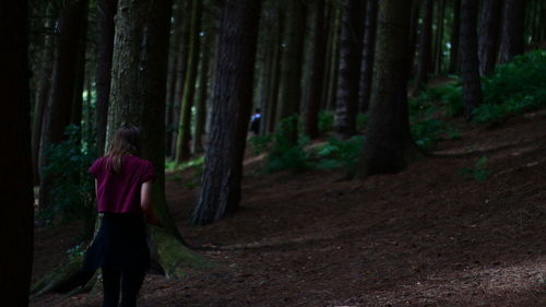 Rear view of man standing by tree in forest