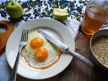 High angle view of breakfast served on table