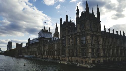 Low angle view of buildings against cloudy sky