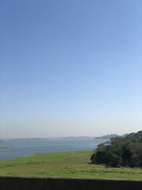 Scenic view of sea against clear blue sky