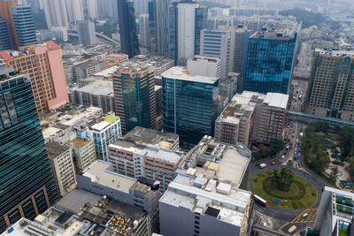 High angle view of modern buildings in city