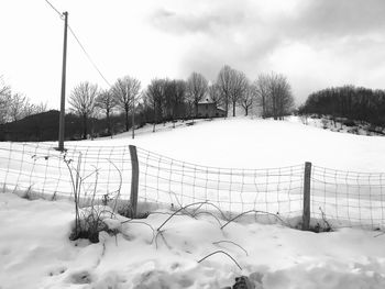 Snow covered field by trees against sky