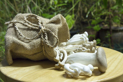 Bunch of mushrooms out of knitted bag on table