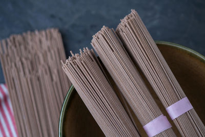 High angle view of raw soba noodles in bowl