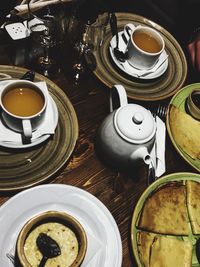 High angle view of tea served on table