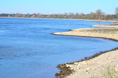 Scenic view of sea against clear blue sky