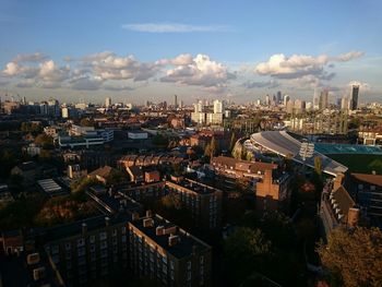 High angle view of cityscape against sky