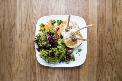 High angle view of meal served on table