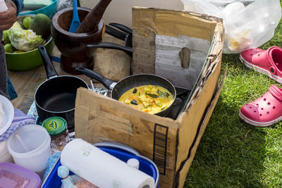 High angle view of food being cooked in yard