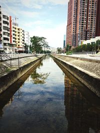 Canal amidst buildings in city against sky