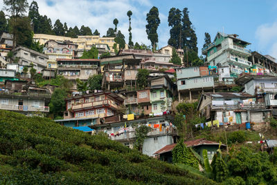 Houses in town against sky