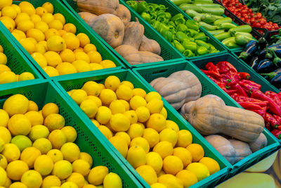 High angle view of various fruits for sale at market stall