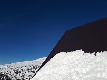 Low angle view of snowcapped mountain against clear blue sky