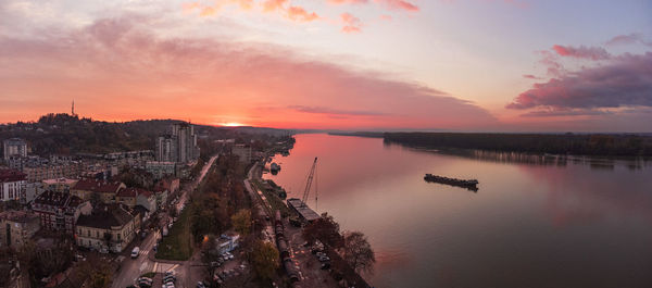 Aerial view of the danube river during sunset in the town of smederevo, serbia