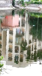 Reflection of building in puddle