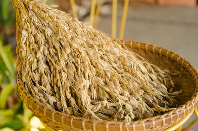 Close-up of cereal plants in wicker basket