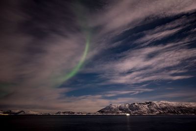 Scenic view of lake and mountain against sky at night