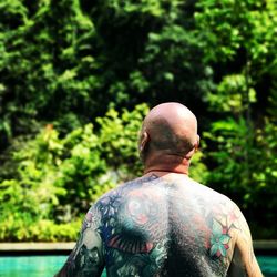 Rear view of shirtless man with tattoo on back against trees