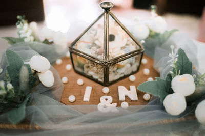 Close-up of christmas decoration on table