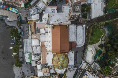 Aerial view of positano cathedral in downtown near the beach in wintertime, amalfi coast