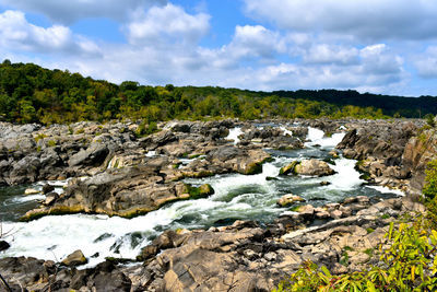 Scenic view of waterfall against sky