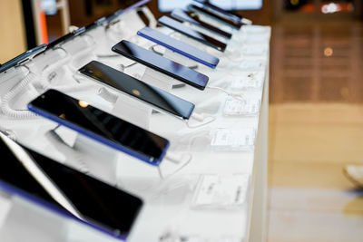 High angle view of books on table