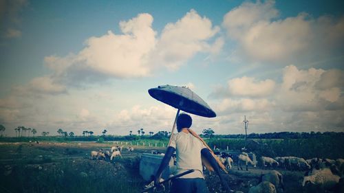 Rear view of man riding horse on field against sky