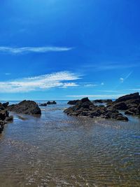 Scenic view of sea against blue sky