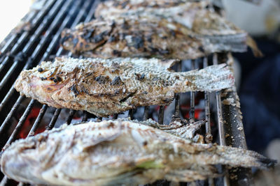 Close-up of meat on barbecue grill