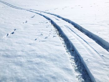 High angle view of snow covered land