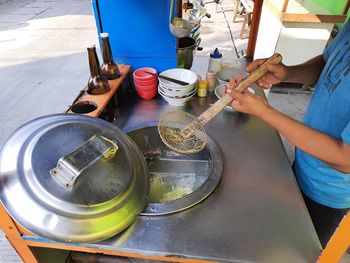 High angle view of preparing food on table