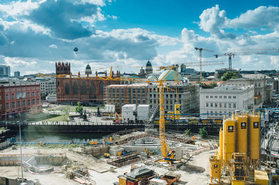 High angle view of construction site against sky